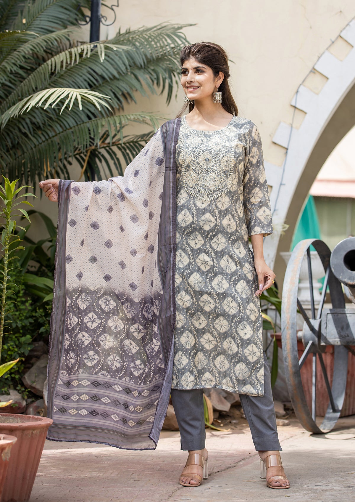 Kaajh Women's Grey Modal Silk Embroidered Suit Set - Distacart