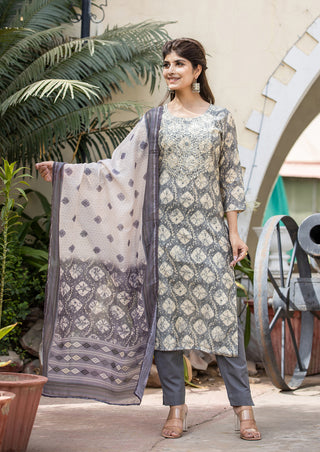 Kaajh Women's Grey Modal Silk Embroidered Suit Set - Distacart