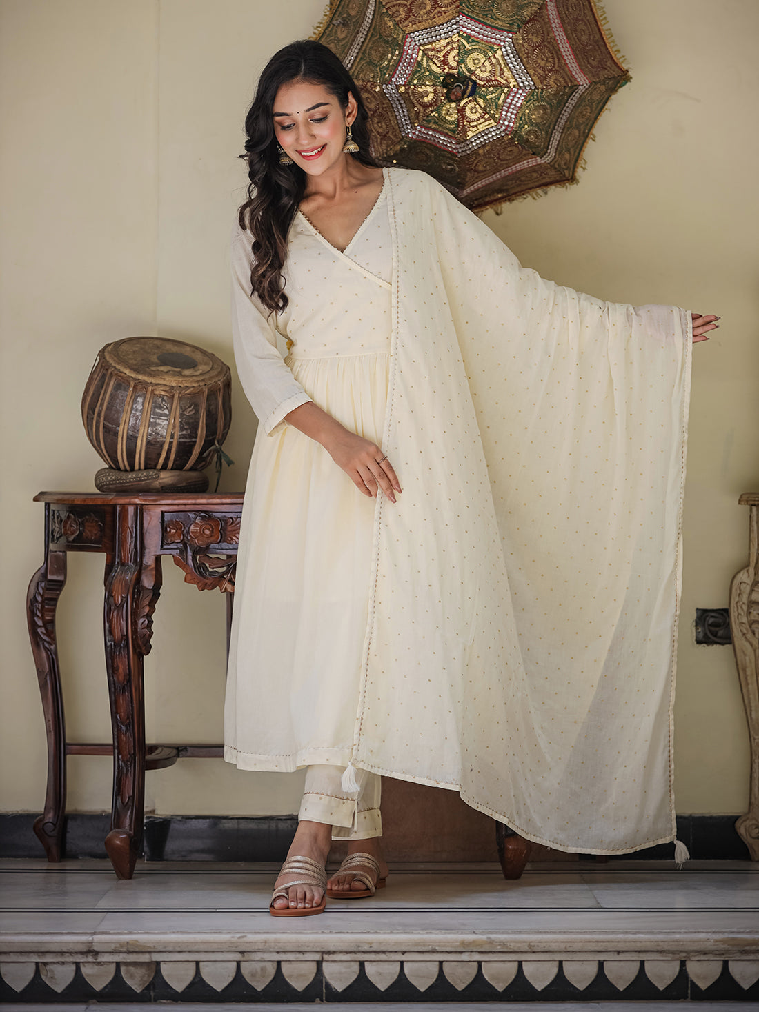 Kaajh Women's Ivory Embroidered Angrakha Kurta Set With Trouser And Dupatta - Distacart