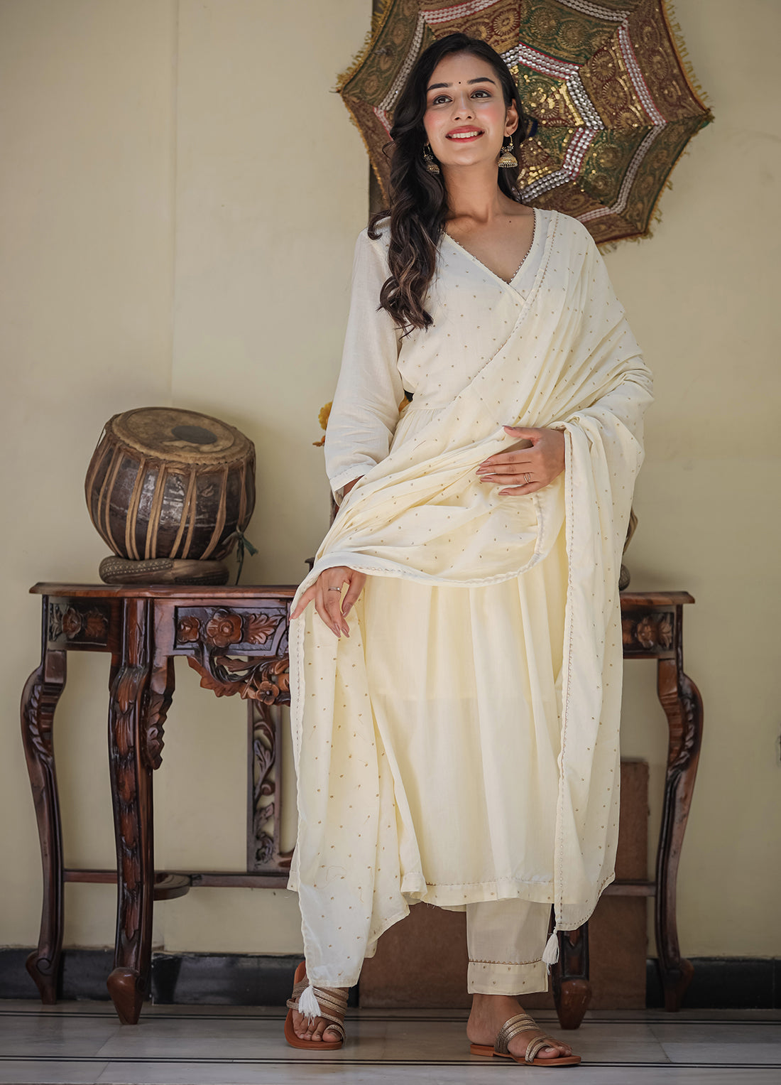 Kaajh Women's Ivory Embroidered Angrakha Kurta Set With Trouser And Dupatta - Distacart