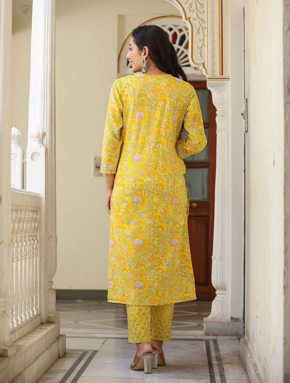 Kaajh Women's Sun Flower Yellow Handblock Cotton Kurta Set With Trouser And Dupatta - Distacart