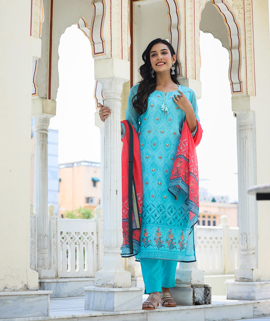 Kaajh Women's Sky Blue Printed Chanderi Kurta Pant Set With Dupatta - Distacart