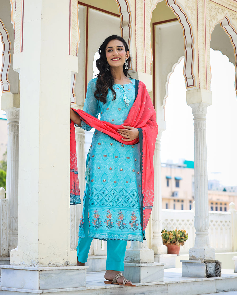 Kaajh Women's Sky Blue Printed Chanderi Kurta Pant Set With Dupatta - Distacart