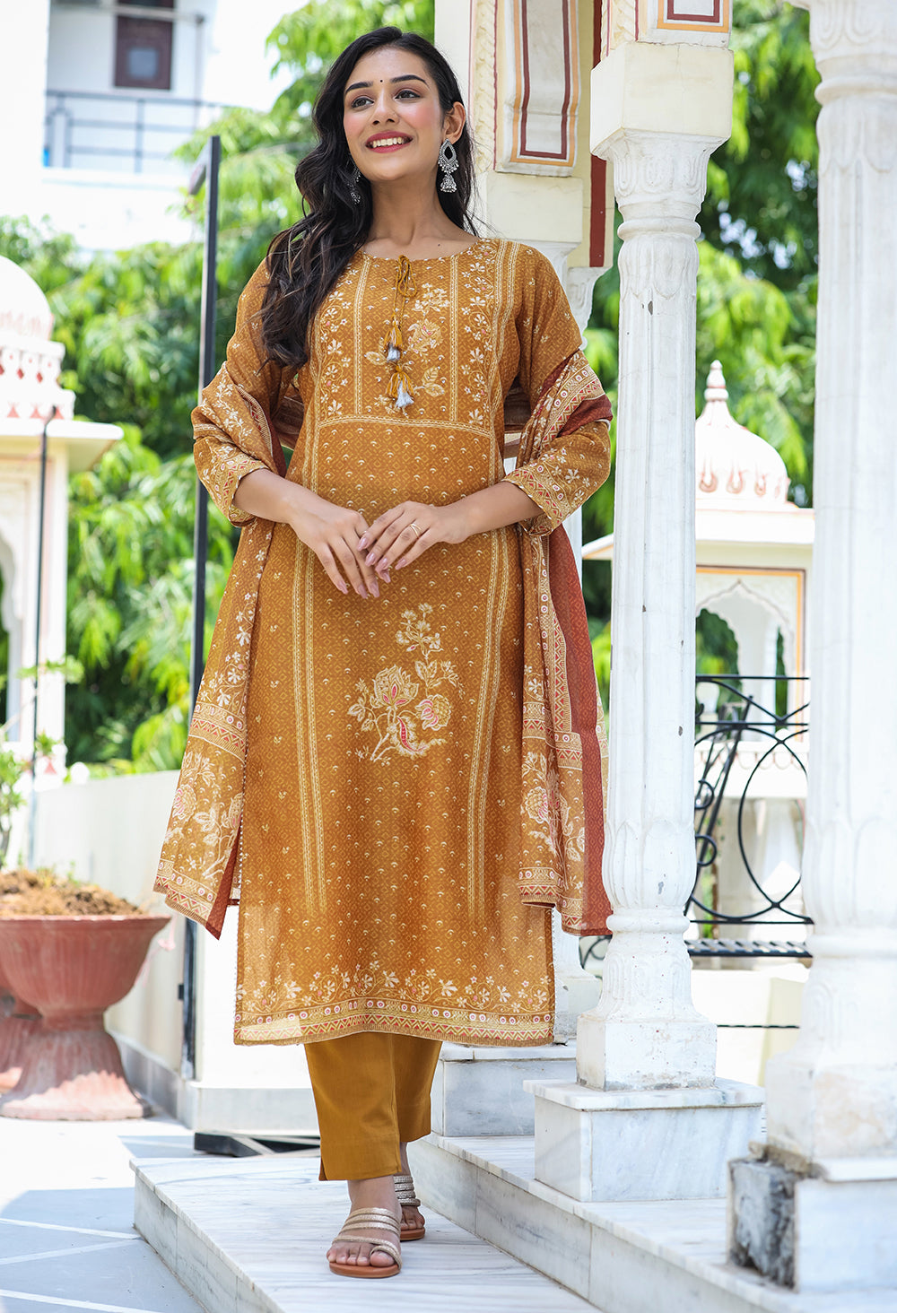 Kaajh Women's Mustard Festive Chanderi Print Kurta Set With Trouser And Dupatta - Distacart