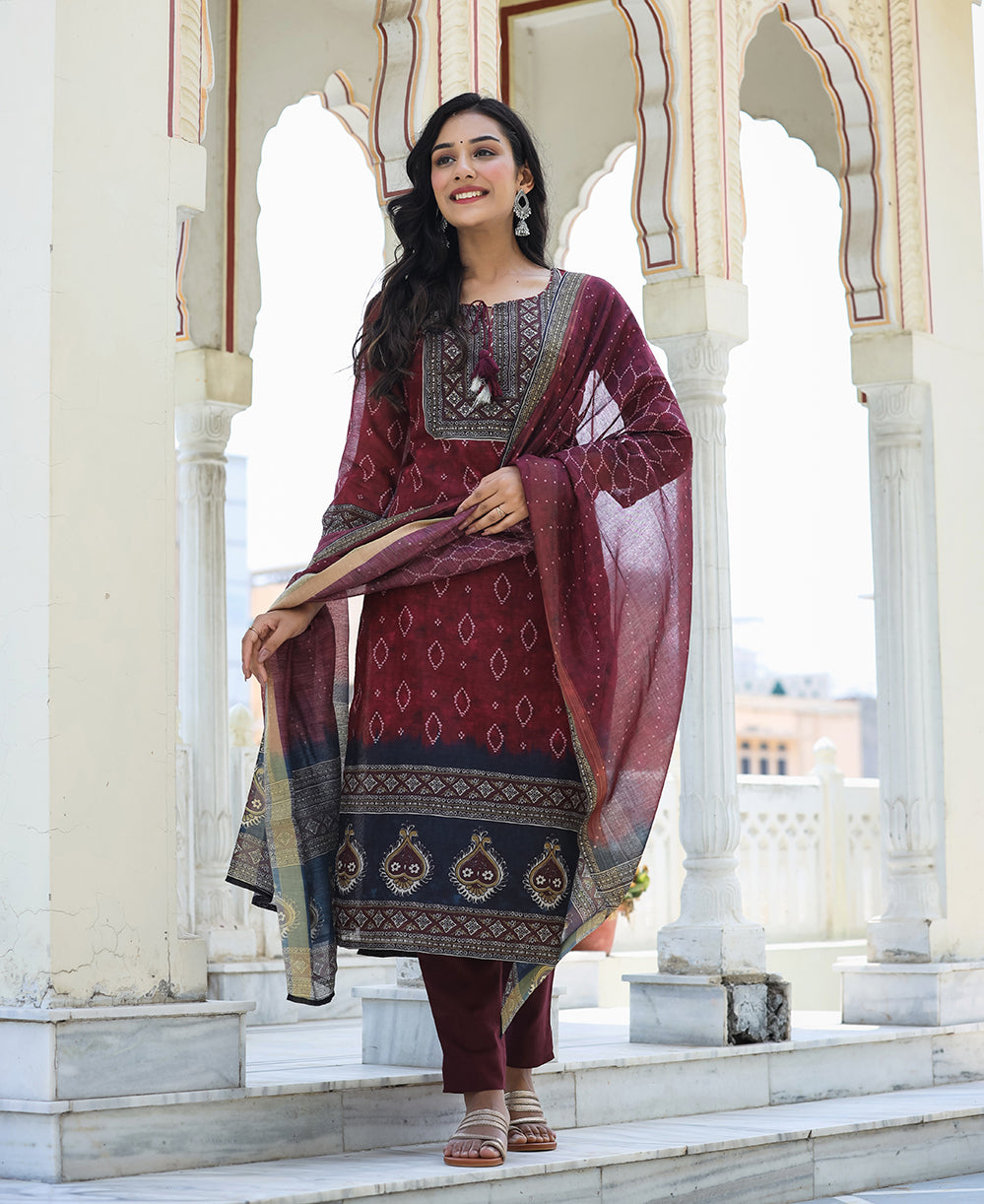 Kaajh Women's Maroon Festive Chanderi Kurta Set With Pant And Dupatta - Distacart