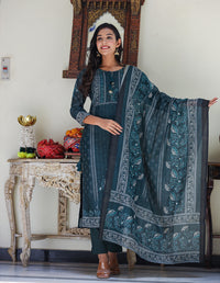 Thumbnail for Kaajh Women's Royal Blue Chanderi Kurta Set With Pant And Dupatta - Distacart
