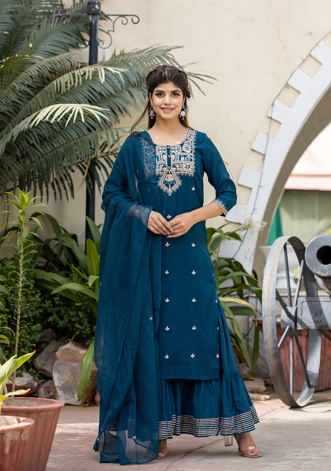 Kaajh Women's Blue Modal Silk Embroidered Kurta Sharara Set With Dupatta - Distacart