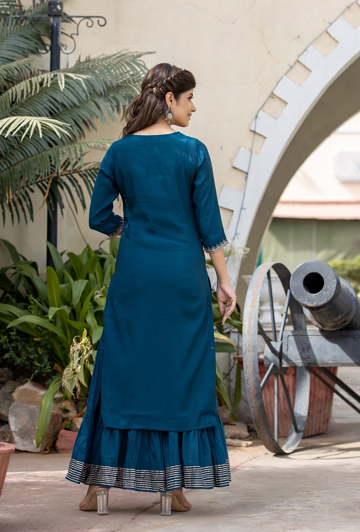 Kaajh Women's Blue Modal Silk Embroidered Kurta Sharara Set With Dupatta - Distacart