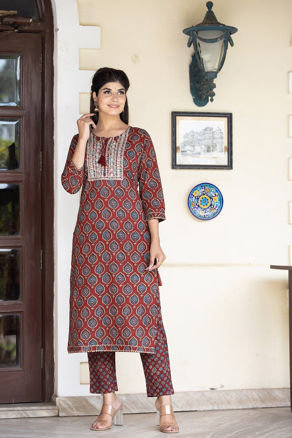 Kaajh Women's Red Ajrak Print Cotton Kurta Pant Set - Distacart