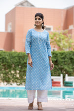 Thumbnail for Kaajh Women's Sky Blue Floral Print Cotton Casual Kurta - Distacart