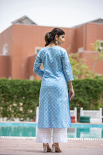 Thumbnail for Kaajh Women's Sky Blue Floral Print Cotton Casual Kurta - Distacart