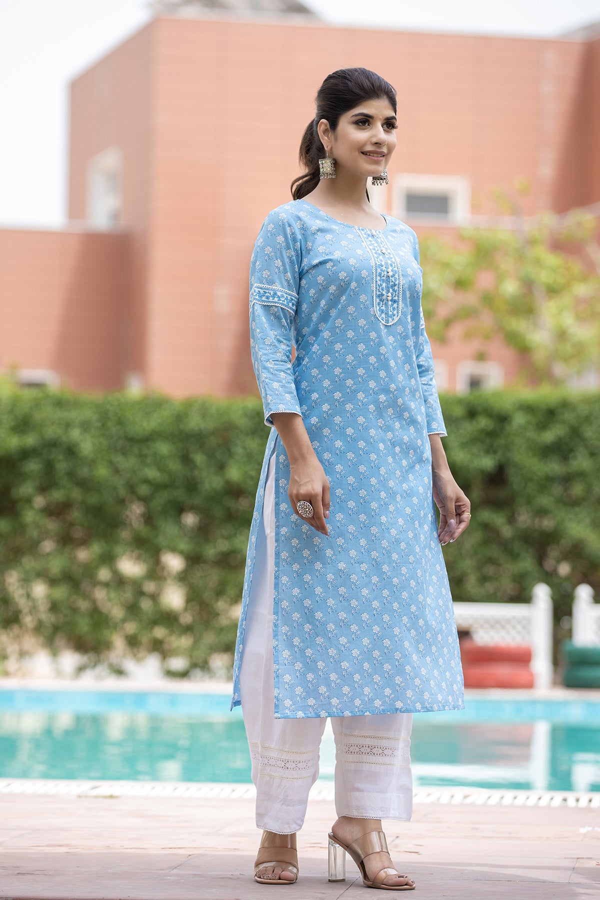 Kaajh Women's Sky Blue Floral Print Cotton Casual Kurta - Distacart