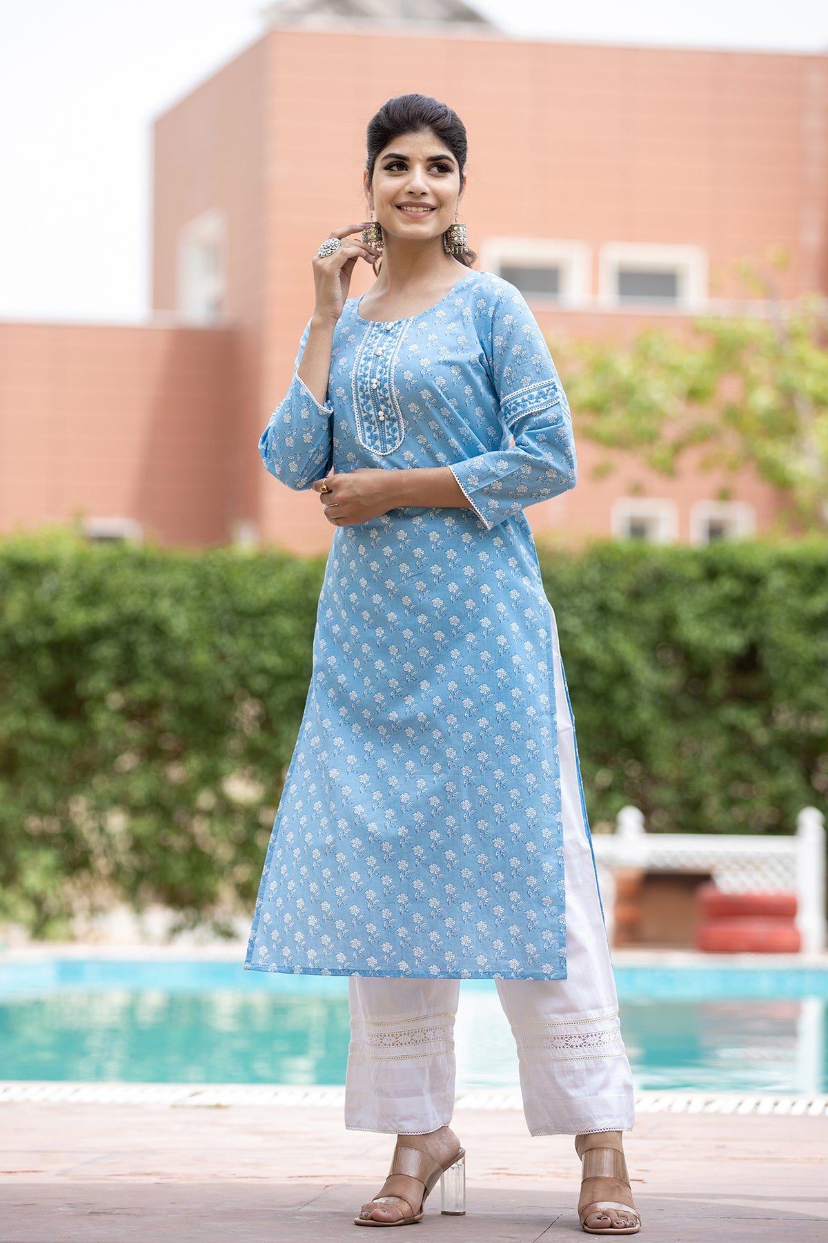 Kaajh Women's Sky Blue Floral Print Cotton Casual Kurta - Distacart