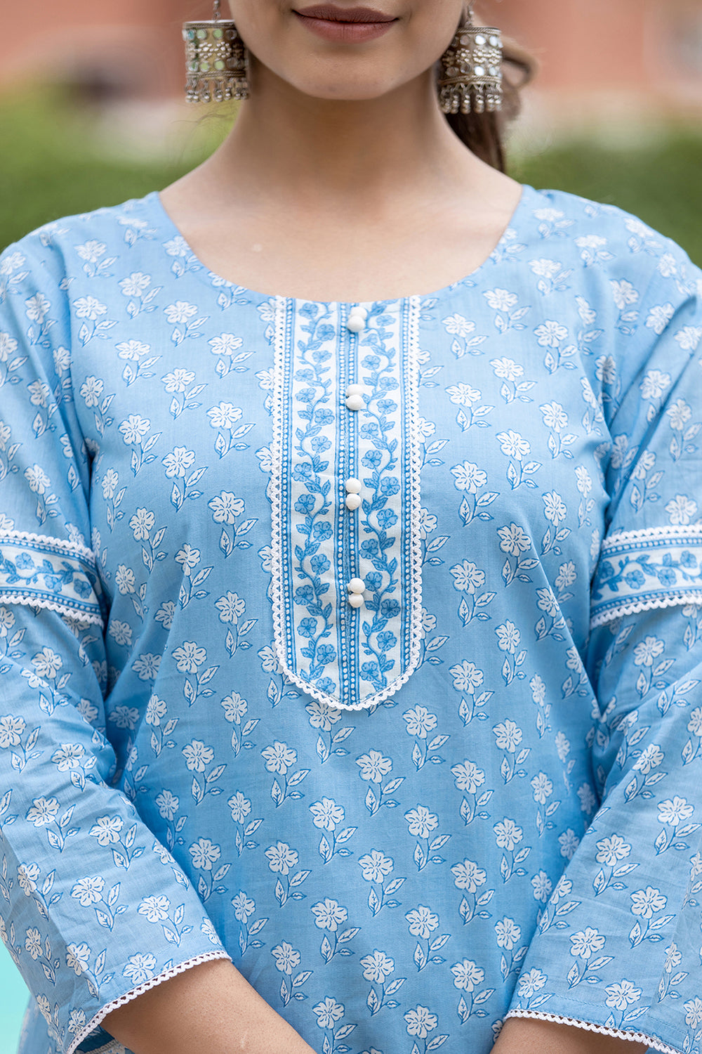 Kaajh Women's Sky Blue Floral Print Cotton Casual Kurta - Distacart