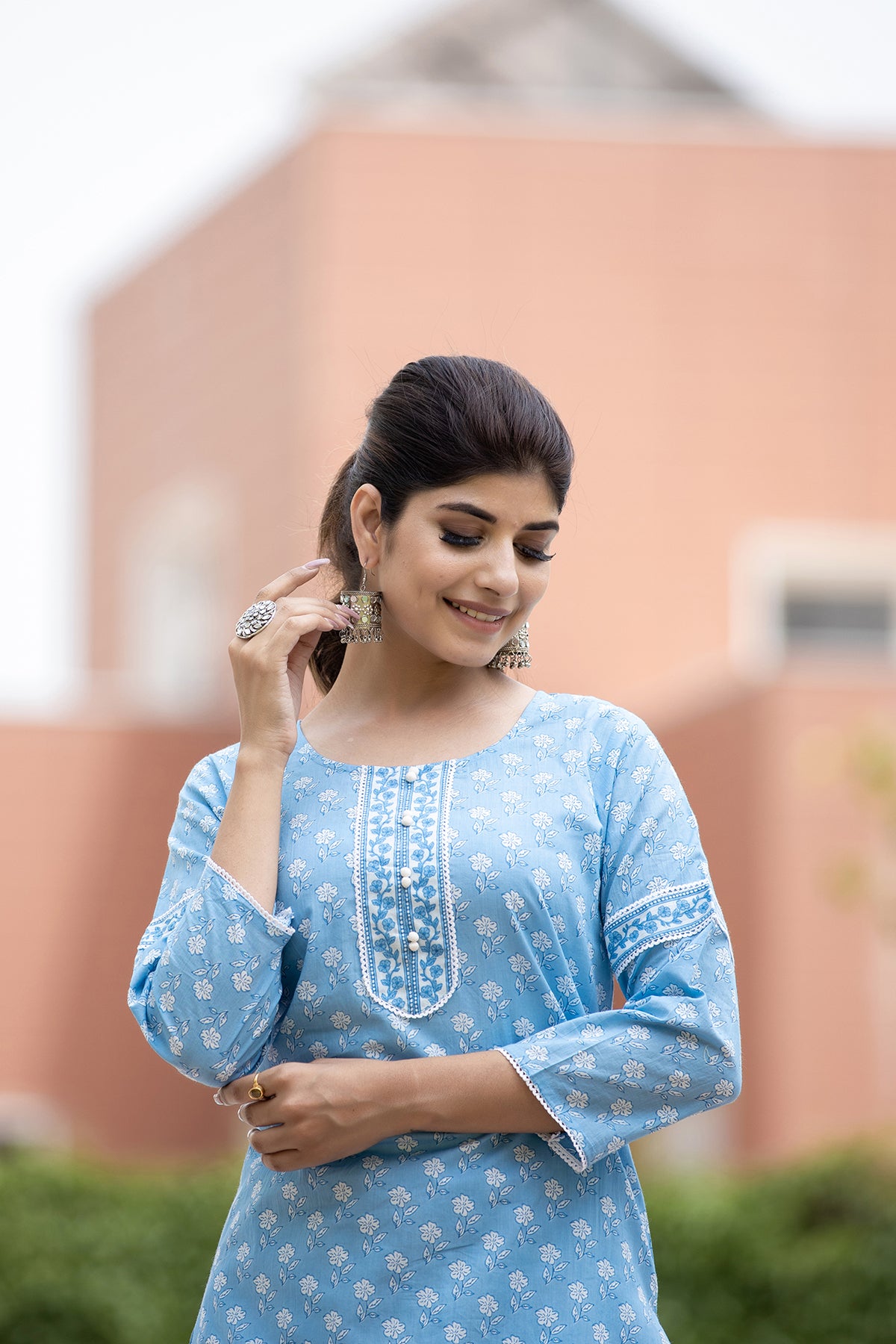 Kaajh Women's Sky Blue Floral Print Cotton Casual Kurta - Distacart