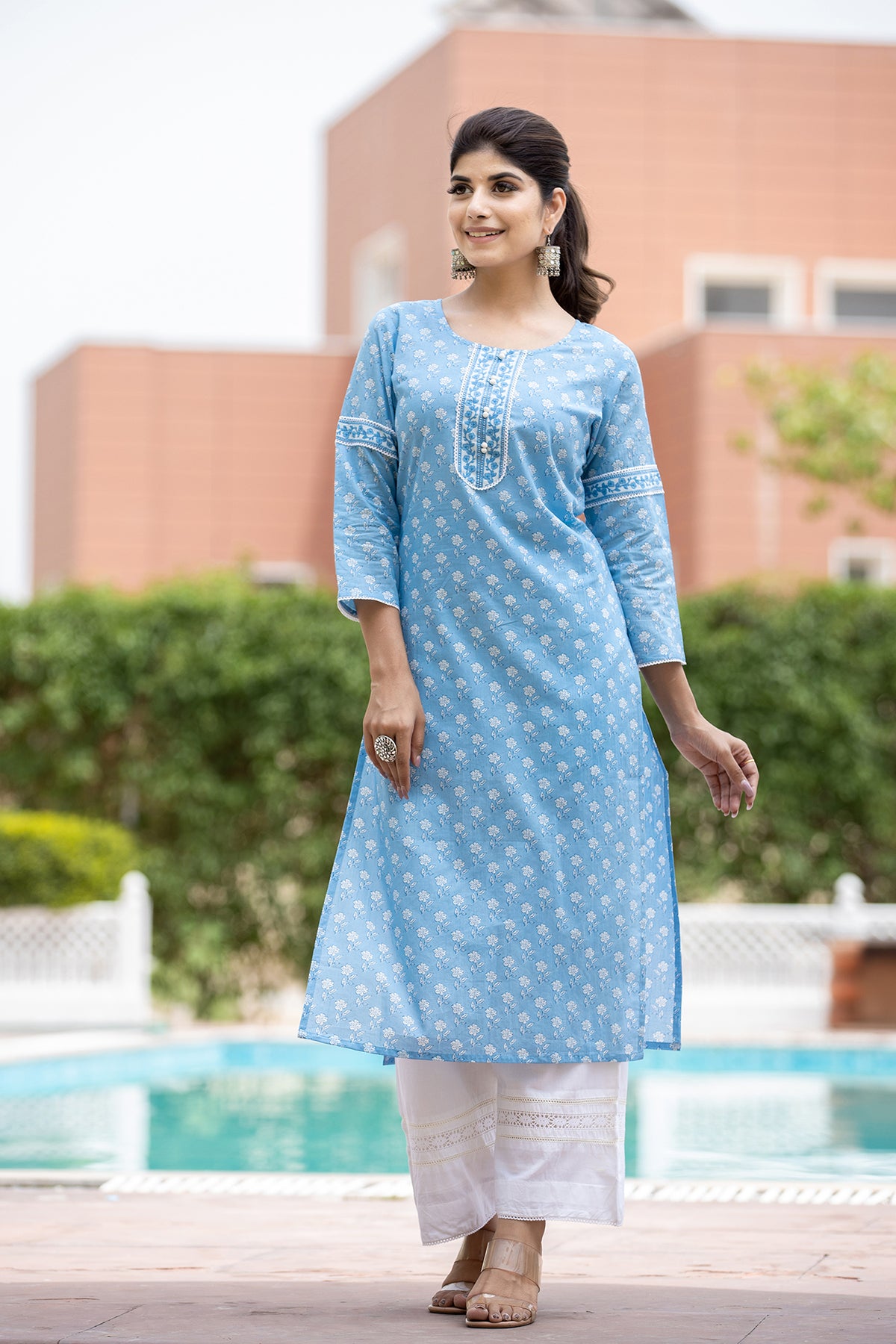 Kaajh Women's Sky Blue Floral Print Cotton Casual Kurta - Distacart