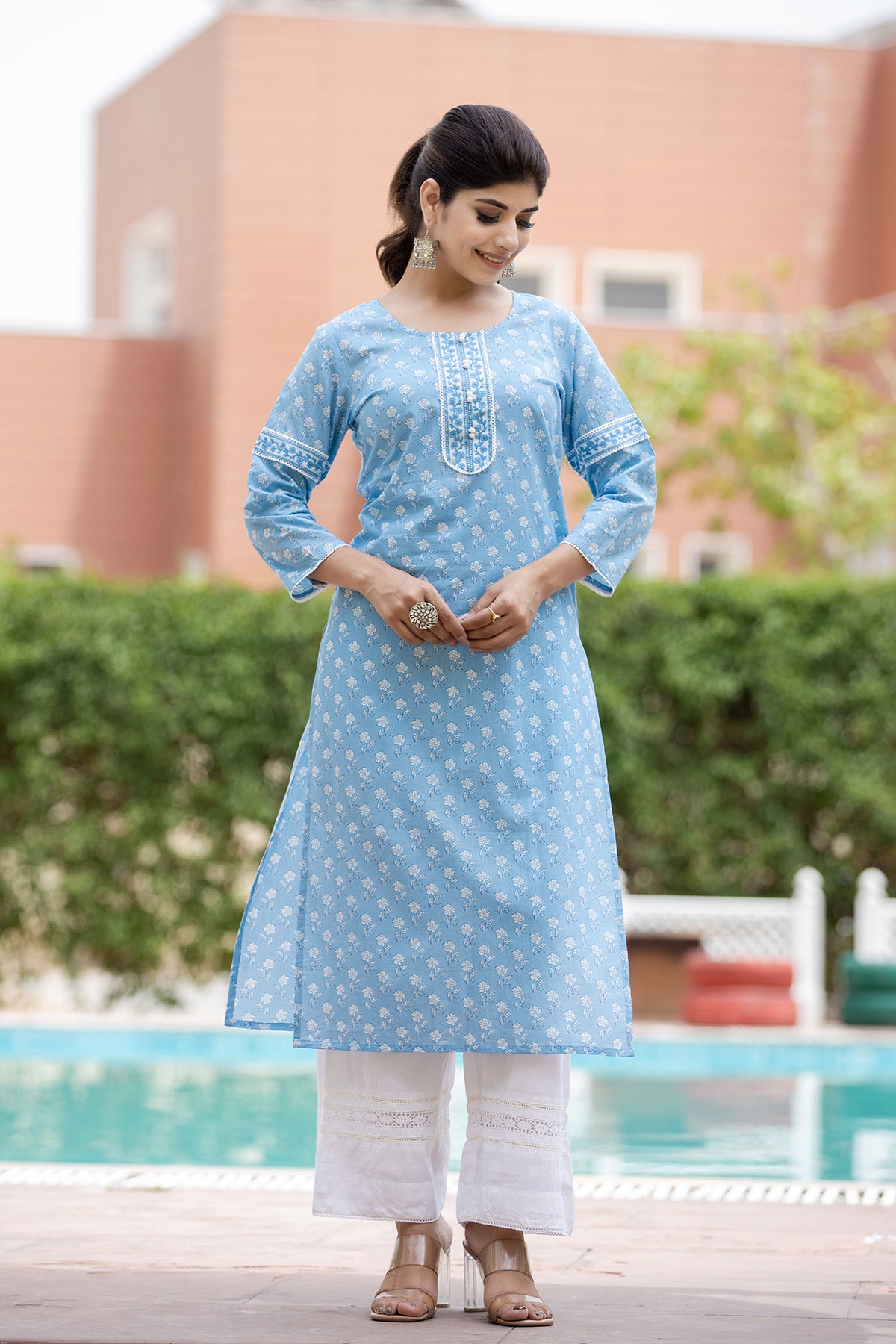 Kaajh Women's Sky Blue Floral Print Cotton Casual Kurta - Distacart