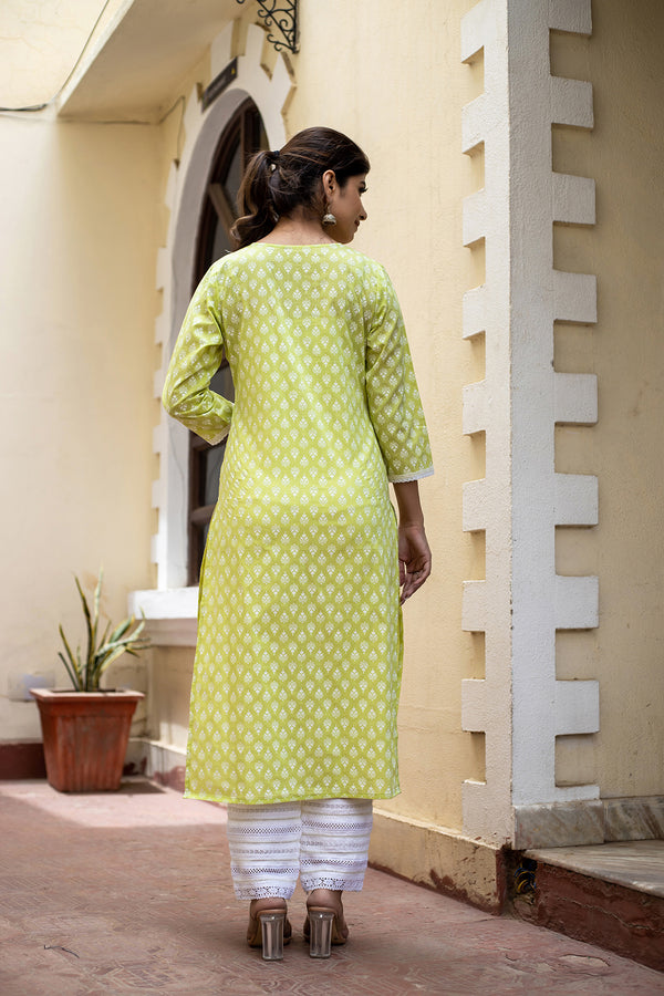 Kaajh Women's Green Pastel Printed Cotton Casual Kurta - Distacart