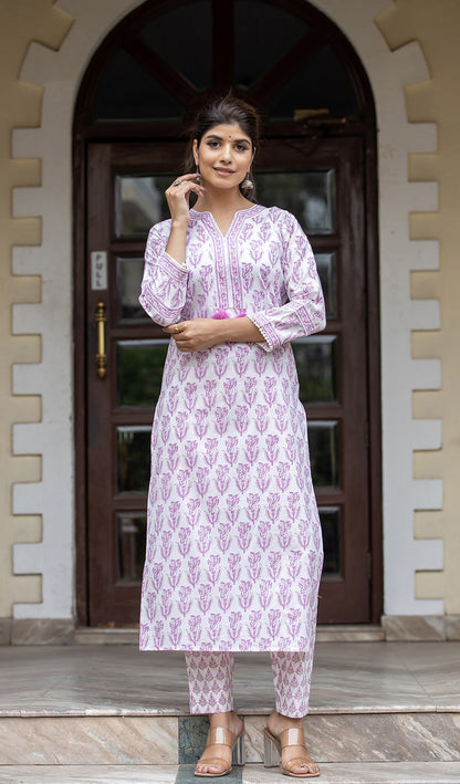 Kaajh Women's White Purple Ethnic Printed Cotton Kurta Pant Set - Distacart