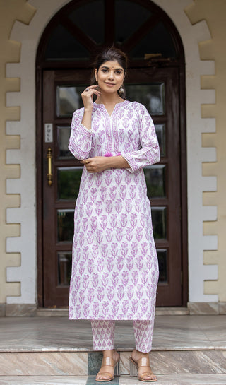 Kaajh Women's White Purple Ethnic Printed Cotton Kurta Pant Set - Distacart