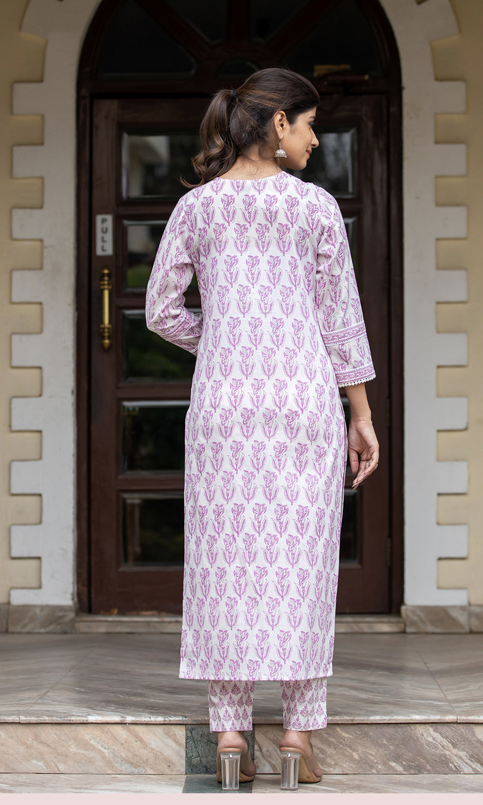 Kaajh Women's White Purple Ethnic Printed Cotton Kurta Pant Set - Distacart