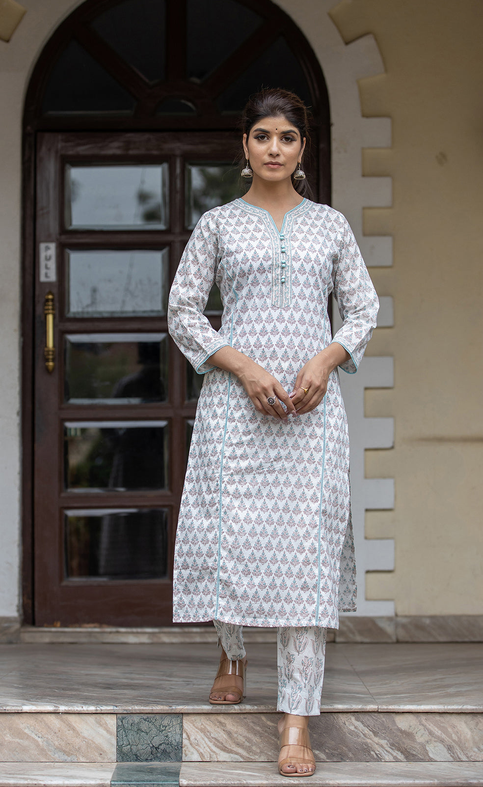 Kaajh Women's White Sea Green Printed Cotton Casual Kurta Pant Set - Distacart