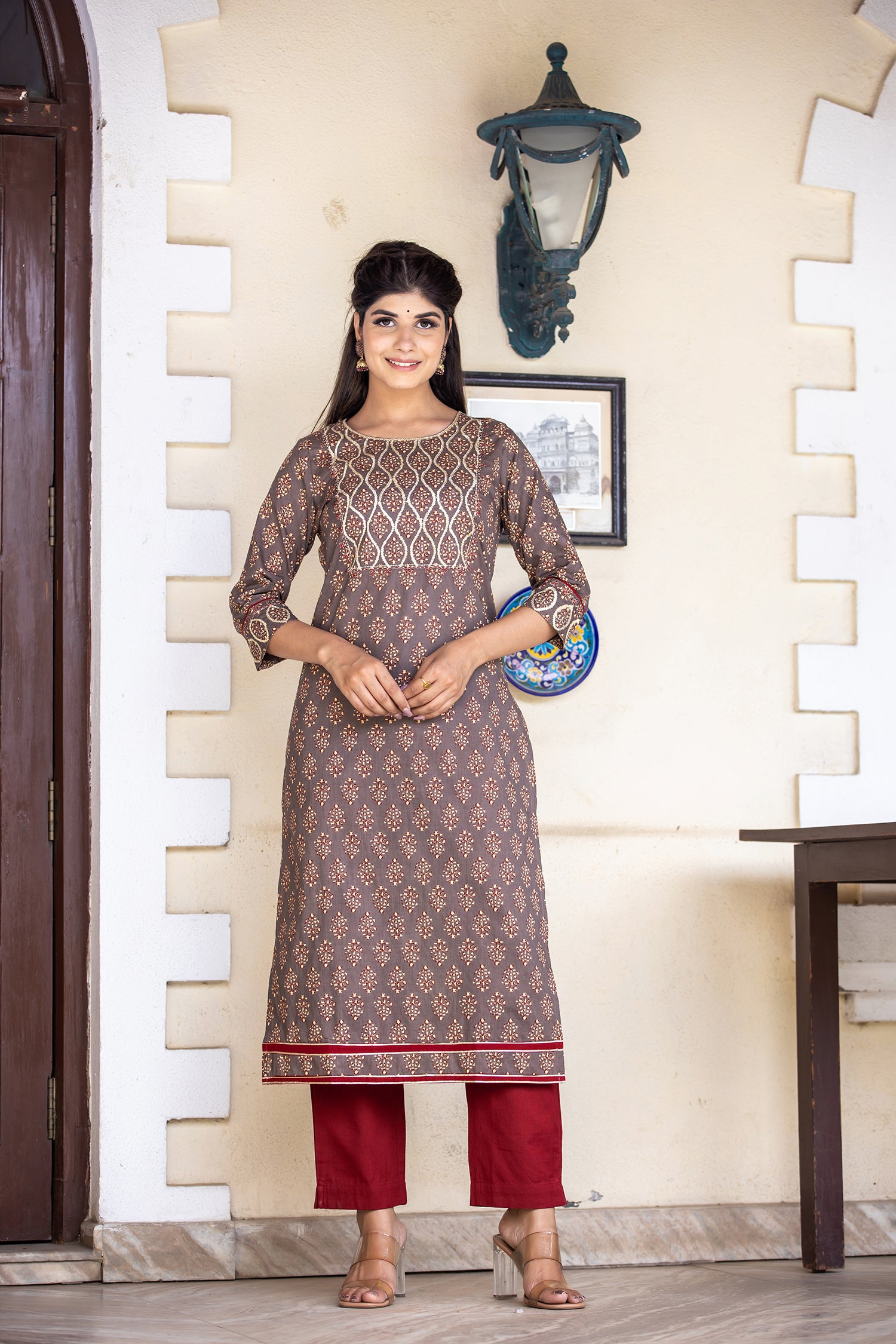 Kaajh Women's Brown Bagru Print Kurta Pant Set - Distacart