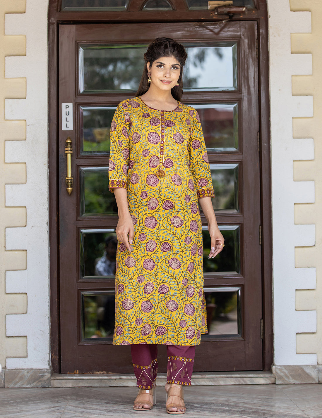 Kaajh Women's Yellow Purple Cotton Kurta Pant Set - Distacart