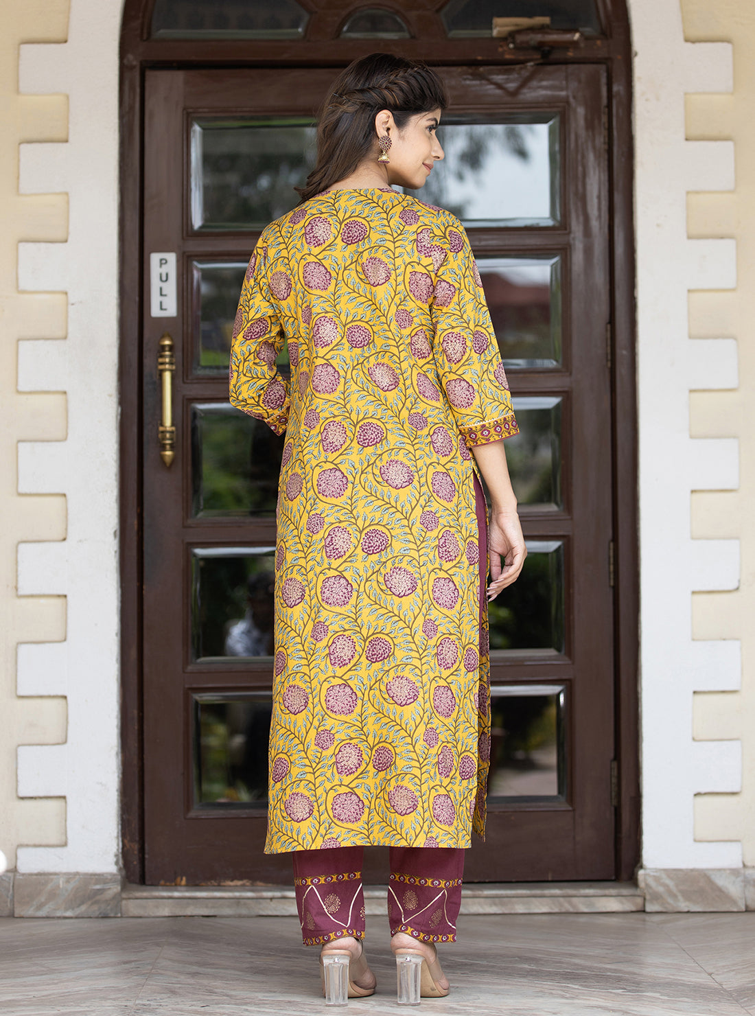 Kaajh Women's Yellow Purple Cotton Kurta Pant Set - Distacart