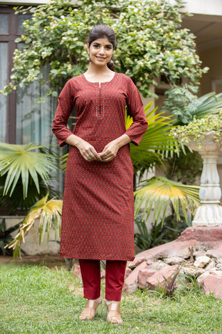 Kaajh Women's Maroon Bootti Printed Cotton Kurta Pant Set - Distacart