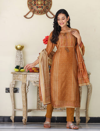 Kaajh Women's Mustard Yellow Chanderi Kurta Set With Trouser And Dupatta - Distacart