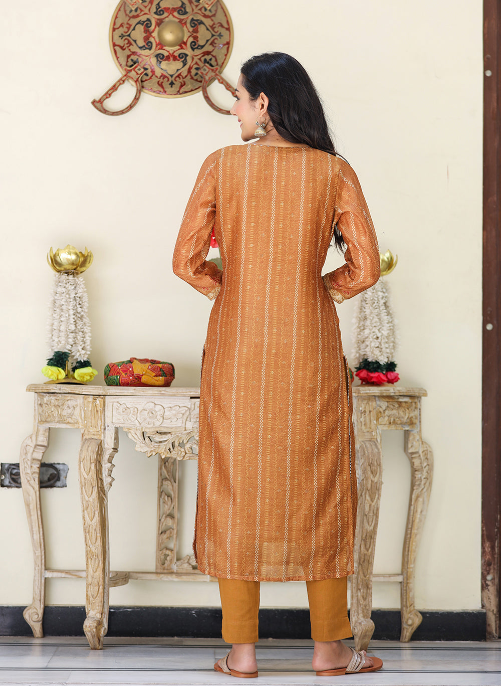 Kaajh Women's Mustard Yellow Chanderi Kurta Set With Trouser And Dupatta - Distacart