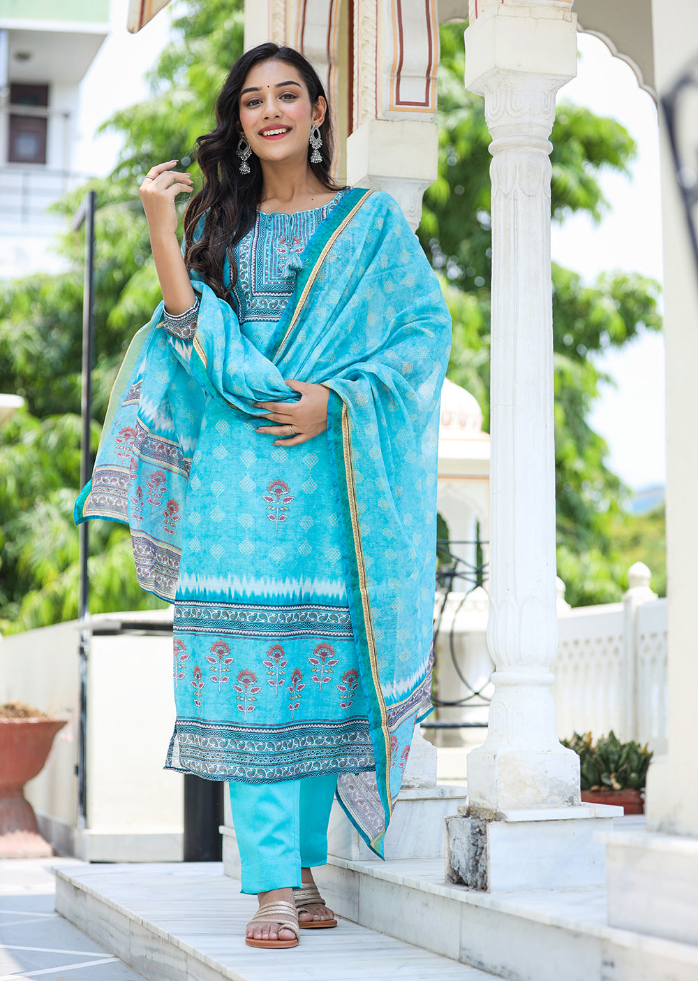 Kaajh Women's Sky Blue Ethnic Chanderi Kurta Set With Trouser And Dupatta - Distacart