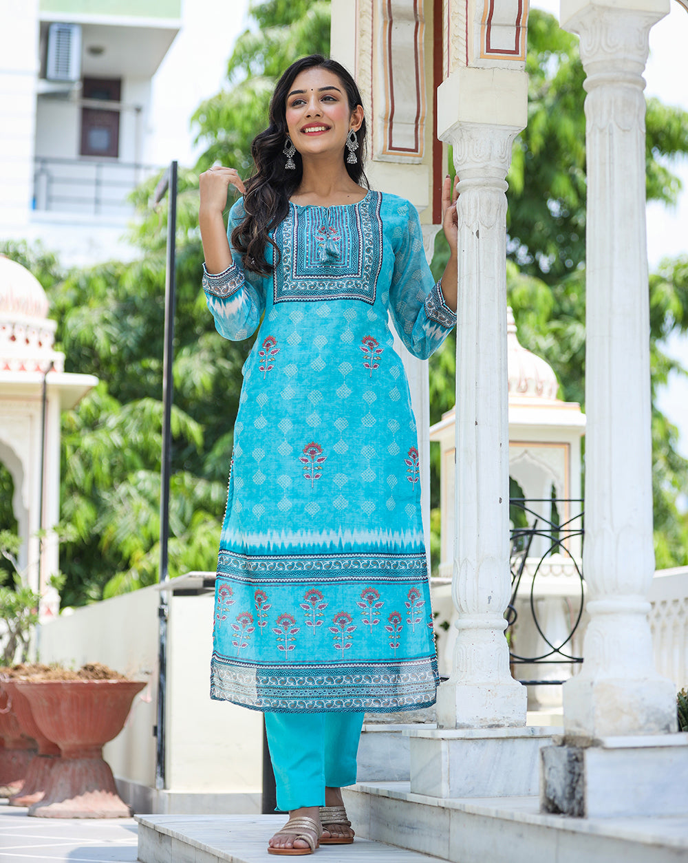 Kaajh Women's Sky Blue Ethnic Chanderi Kurta Set With Trouser And Dupatta - Distacart