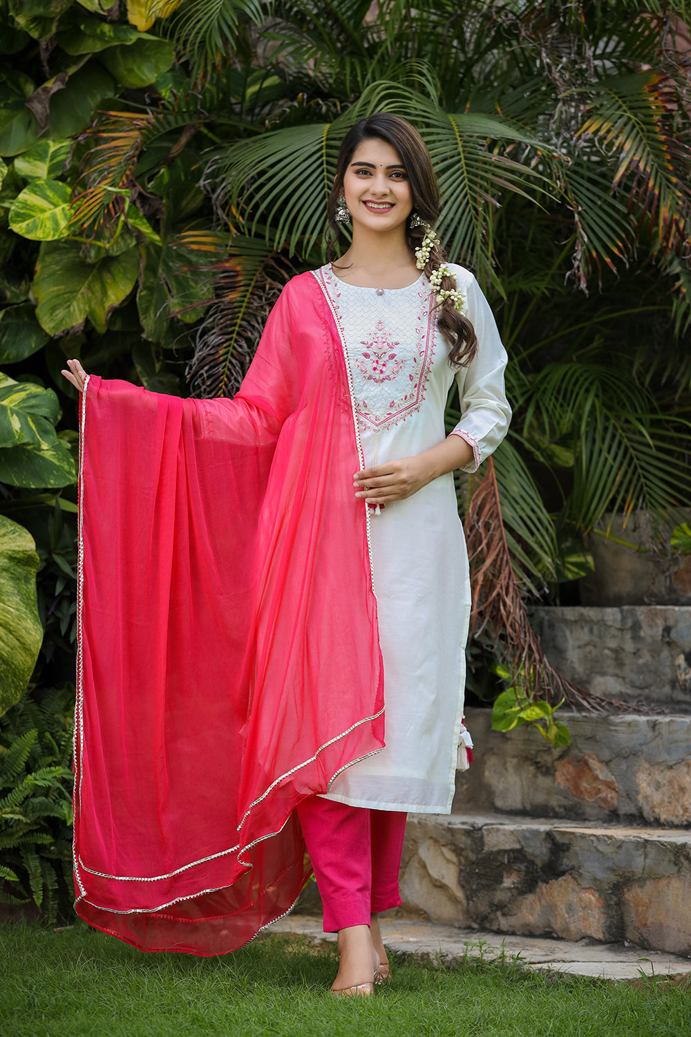 Kaajh Women's White-Pink Modal Silk Suit Set - Distacart