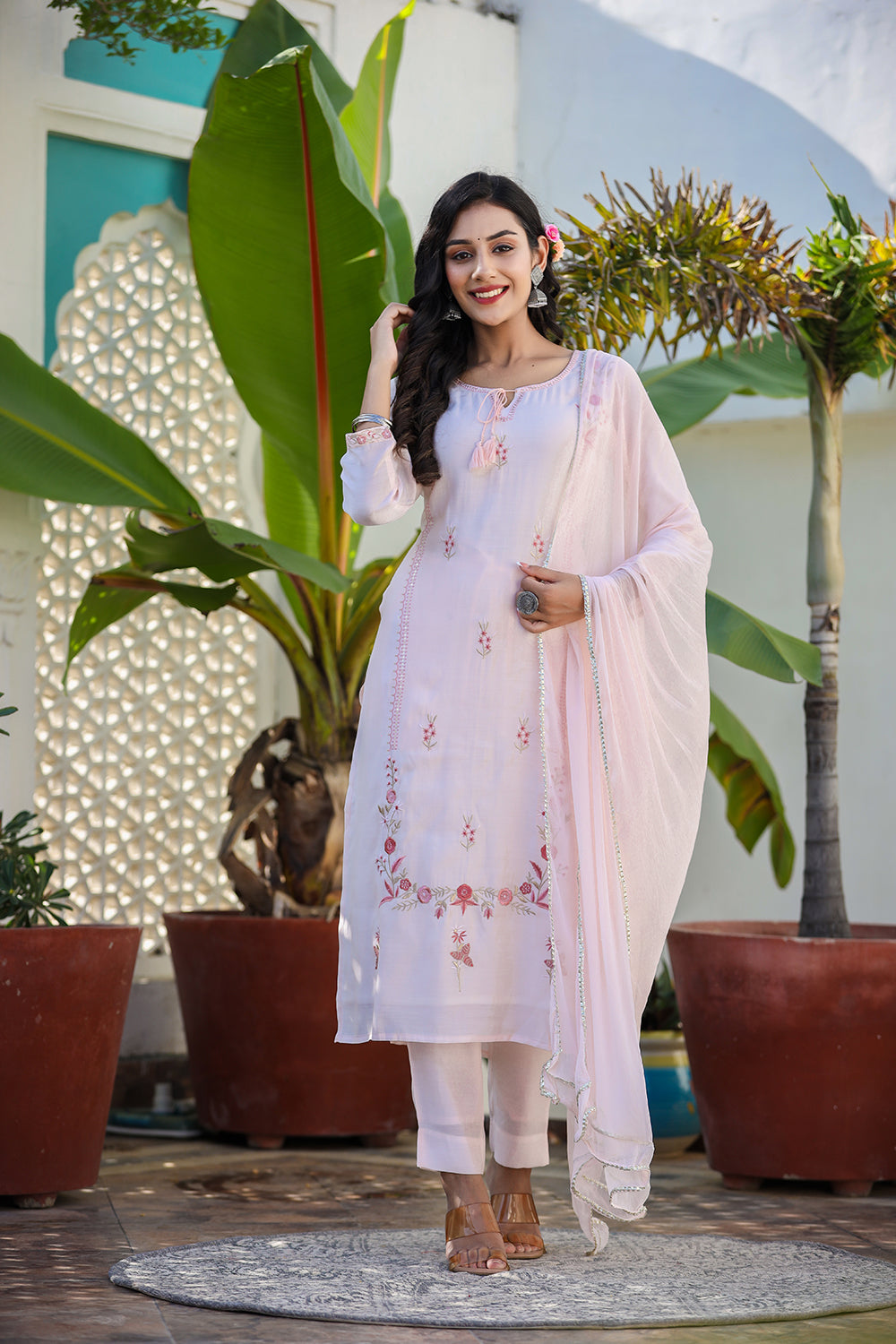 Kaajh Women's Peach Floral Modal Silk Suit Set - Distacart