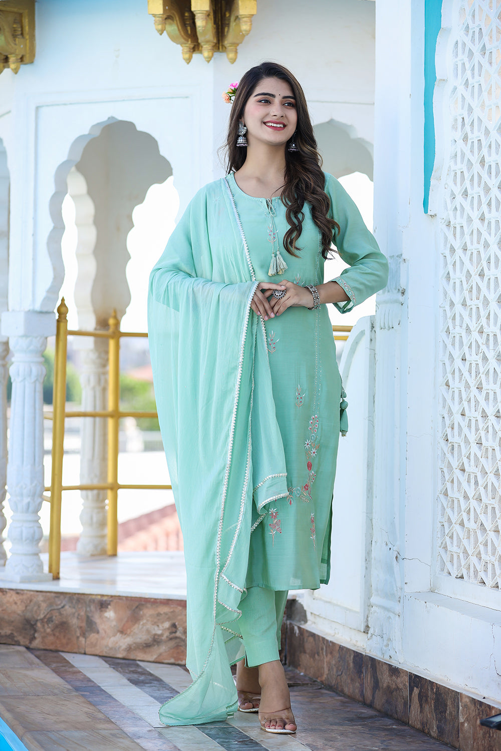 Kaajh Women's Green Floral Modal Silk Suit Set - Distacart