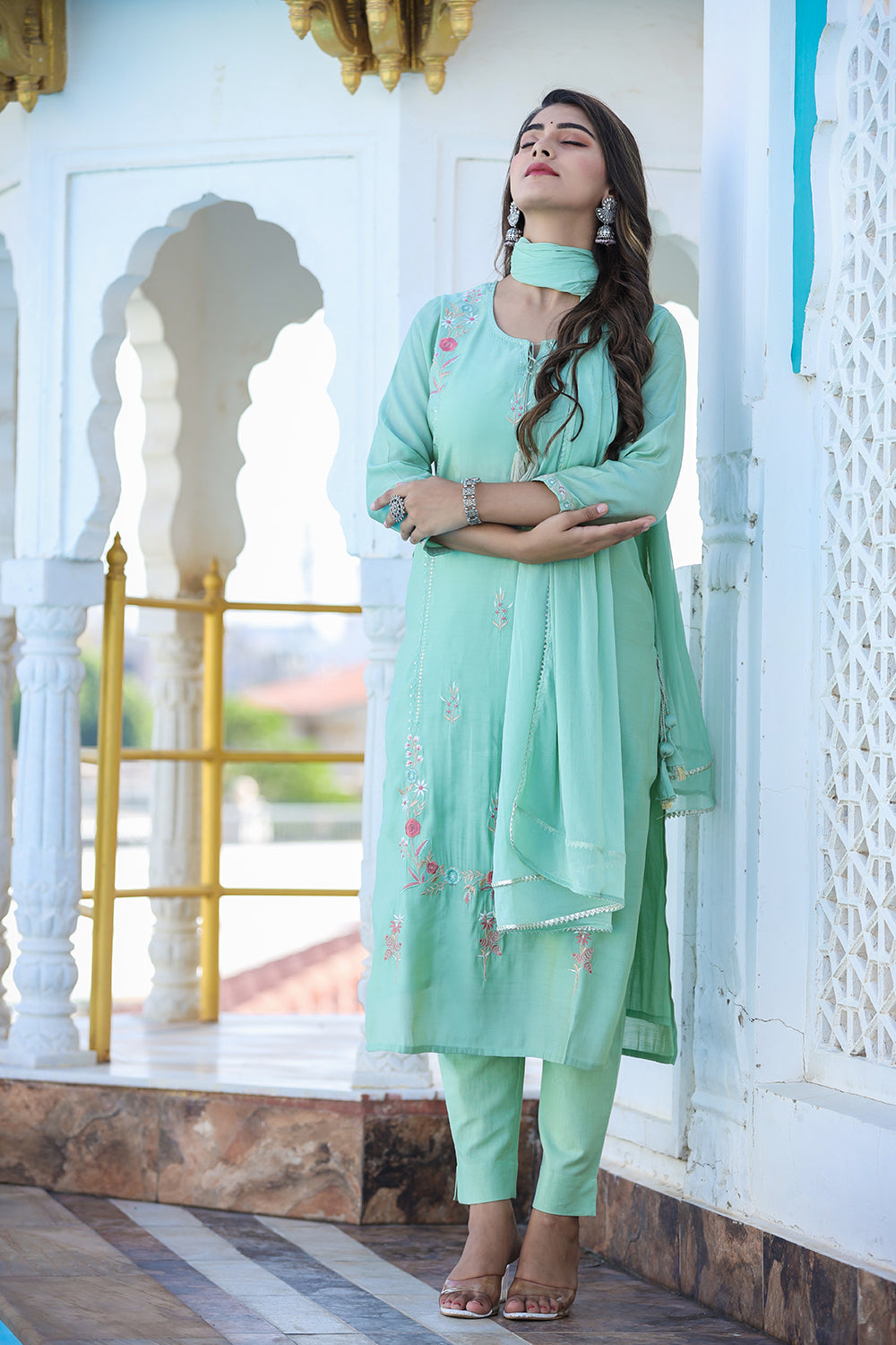 Kaajh Women's Green Floral Modal Silk Suit Set - Distacart