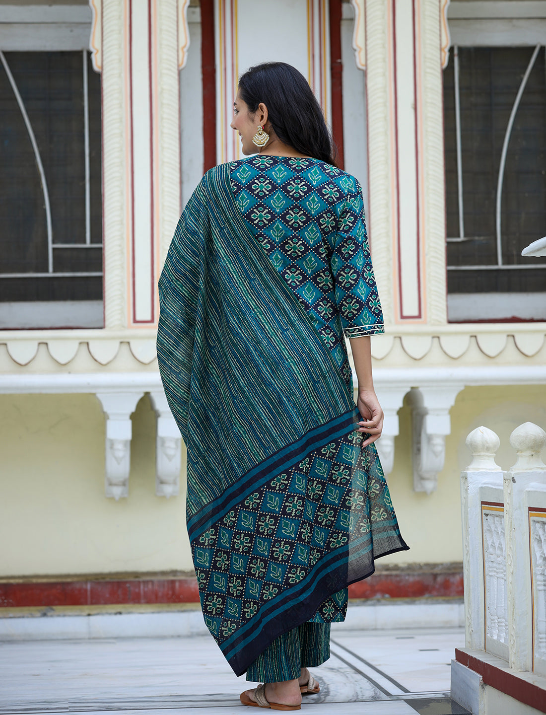 Kaajh Women's Green Ethnic Print Cotton Kurta Set With Pant And Dupatta - Distacart