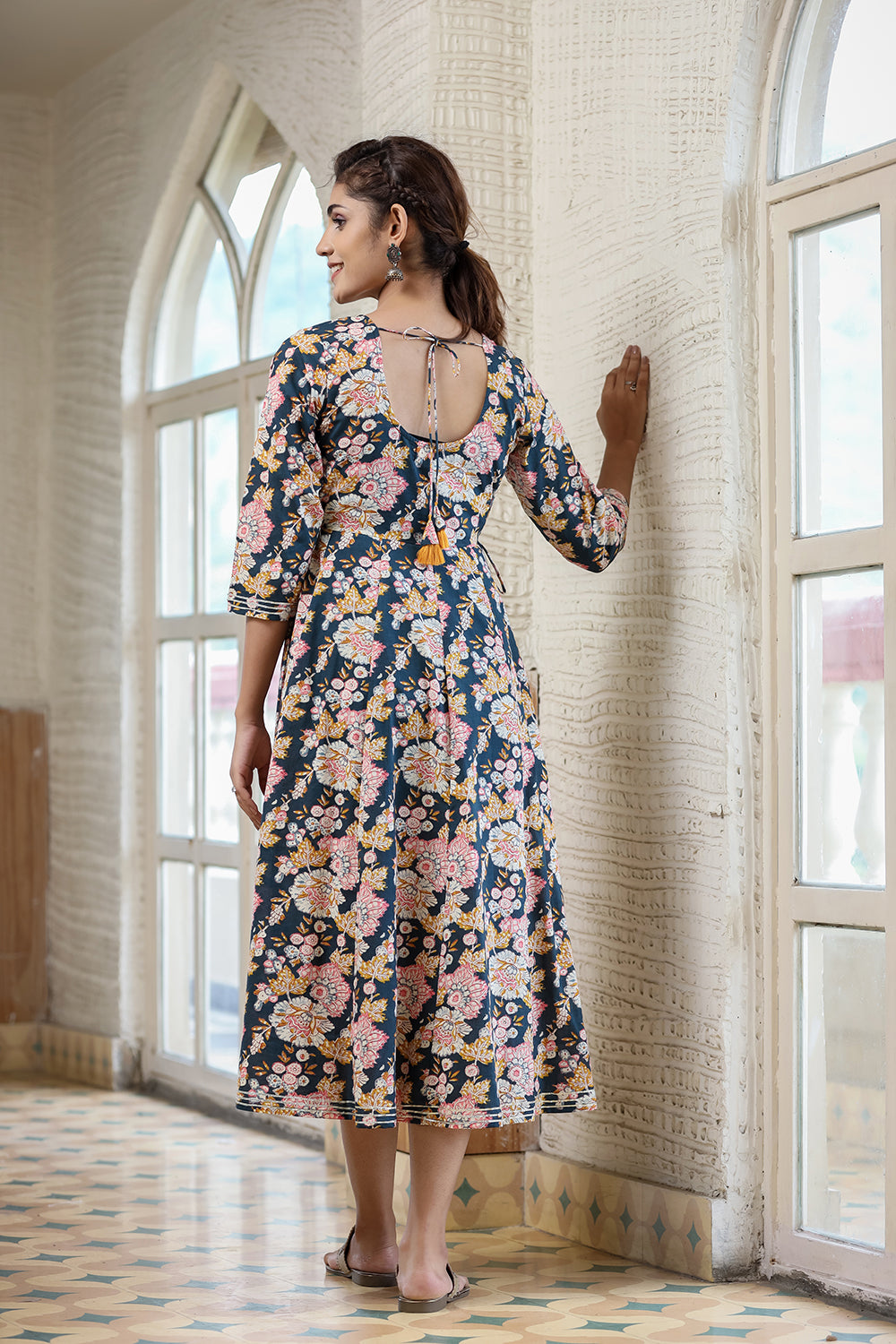 Kaajh Women's Navy Blue Floral Printed Cotton Ethnic Dress - Distacart