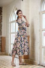 Thumbnail for Kaajh Women's Navy Blue Floral Printed Cotton Ethnic Dress - Distacart