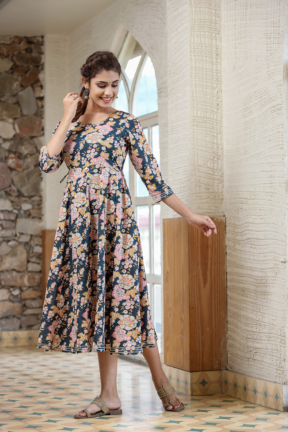 Kaajh Women's Navy Blue Floral Printed Cotton Ethnic Dress - Distacart