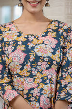 Thumbnail for Kaajh Women's Navy Blue Floral Printed Cotton Ethnic Dress - Distacart