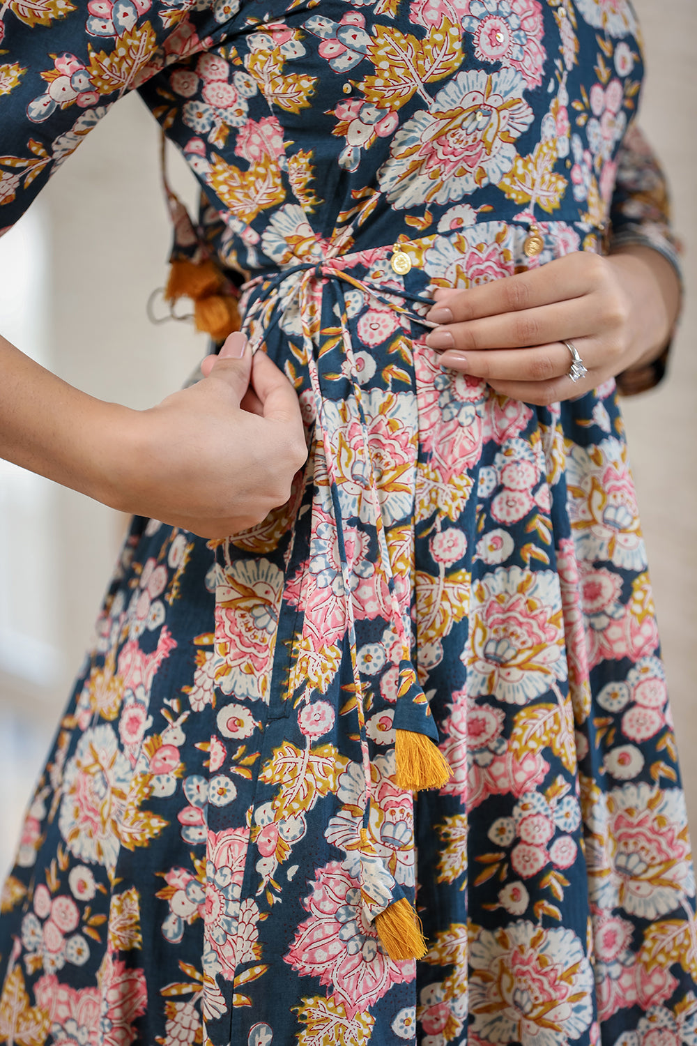 Kaajh Women's Navy Blue Floral Printed Cotton Ethnic Dress - Distacart