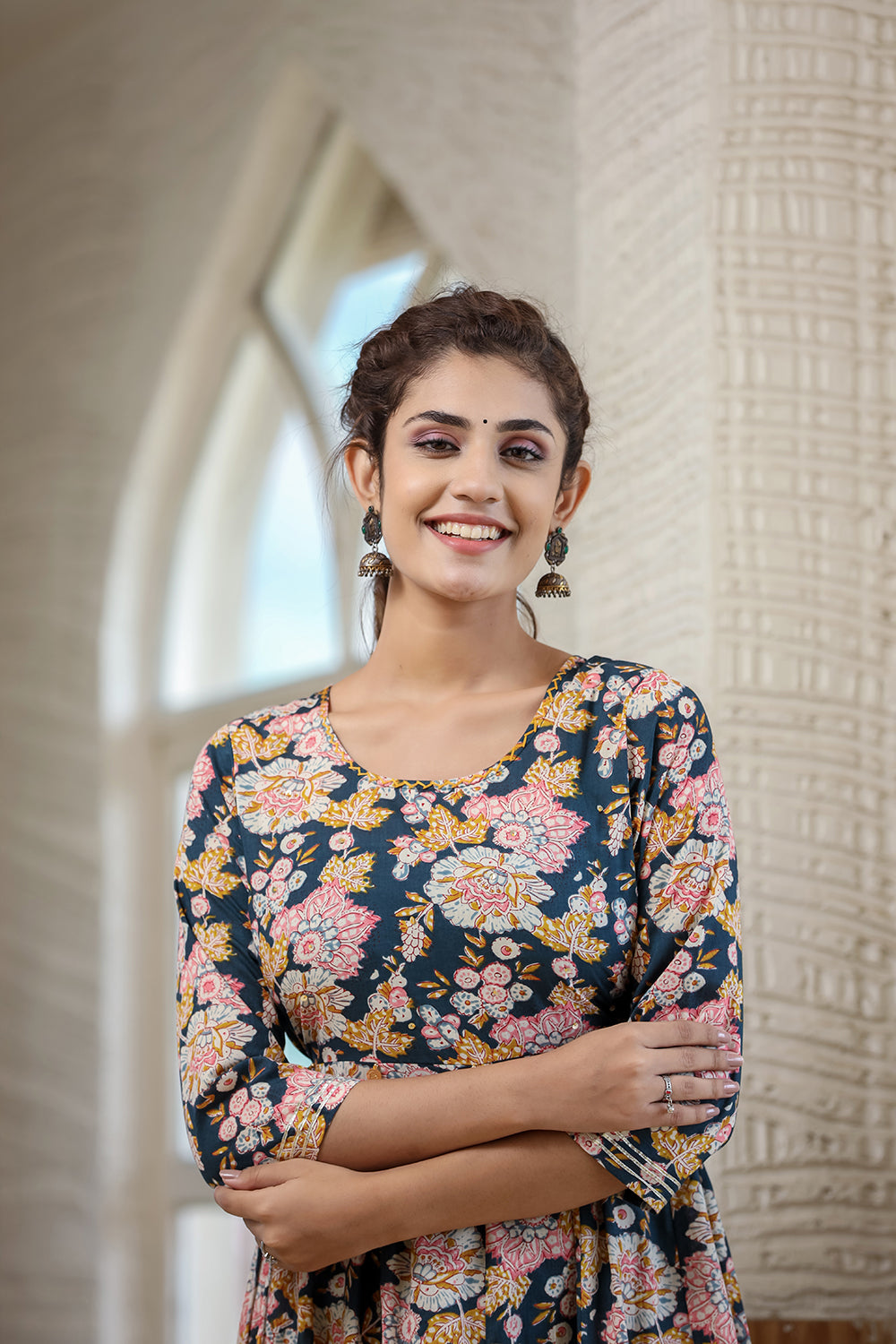 Kaajh Women's Navy Blue Floral Printed Cotton Ethnic Dress - Distacart