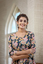 Thumbnail for Kaajh Women's Navy Blue Floral Printed Cotton Ethnic Dress - Distacart
