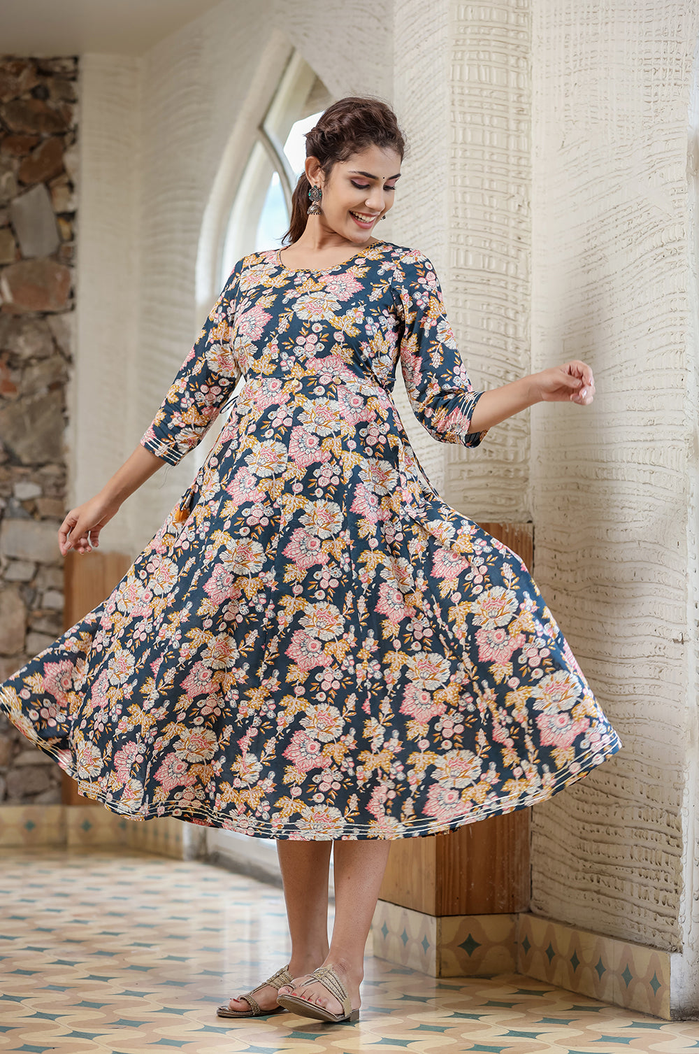 Kaajh Women's Navy Blue Floral Printed Cotton Ethnic Dress - Distacart