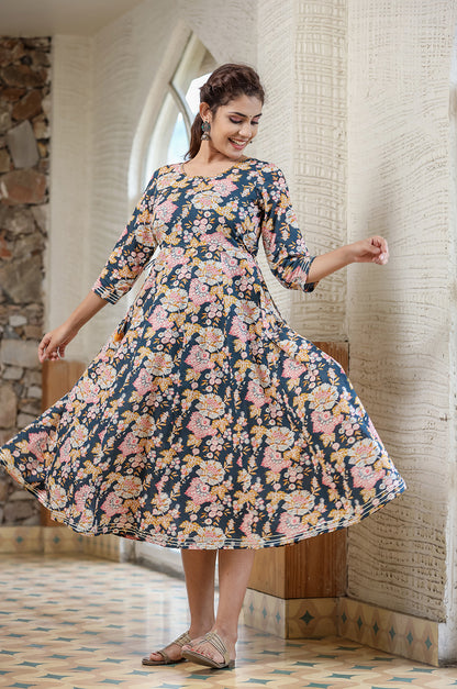 Kaajh Women's Navy Blue Floral Printed Cotton Ethnic Dress - Distacart
