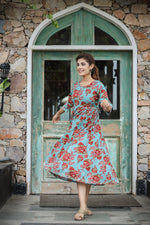 Thumbnail for Kaajh Women's Turquoise Floral Printed Cotton Ethnic Dress - Distacart