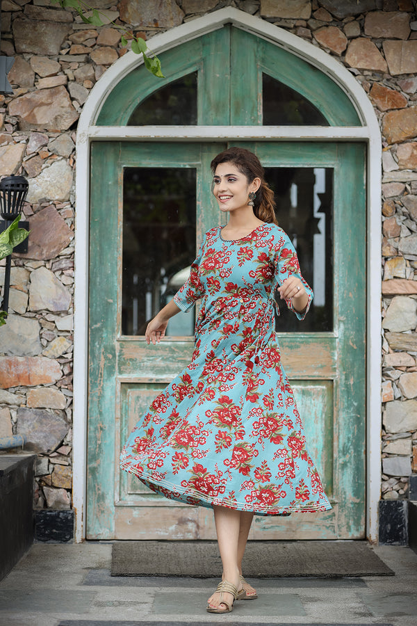 Kaajh Women's Turquoise Floral Printed Cotton Ethnic Dress - Distacart